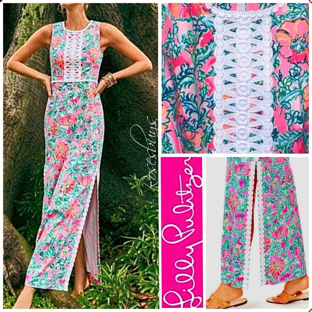 Lilly‎ Pulitzer Ashler Maxi Shift Dress Soleil Pink Perfect Poppy Lace Trim 2
